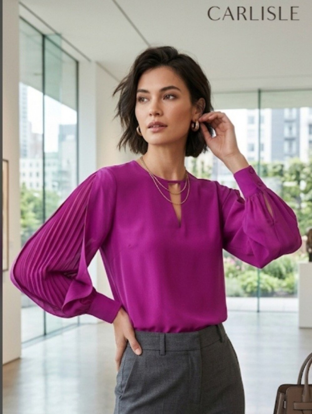 Carlisle Fuchsia Pleated-Sleeve Keyhole Blouse! Beautiful!!!